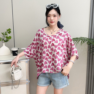 宽松大码 棉绸爱心波点短袖 新款 T恤衫 胖mm外穿洋气百搭上衣 女夏季