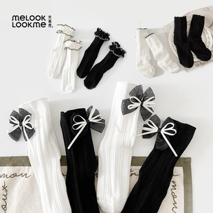 米若克春秋新款 黑白洛丽塔儿童袜子女宝hu蝶结卡公主棉质刺绣短袜
