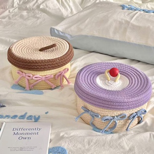 可爱蝴蝶结棉线收纳筐带盖防尘桌面收纳编织篮内衣袜子装饰收纳盒