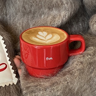 Fun正红色叠叠陶瓷马克杯小众高级新年圣诞节礼物杯子水杯咖啡杯