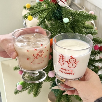 可爱雪人卡通高脚杯高颜值喝水杯牛奶杯圣诞节日果汁玻璃杯子