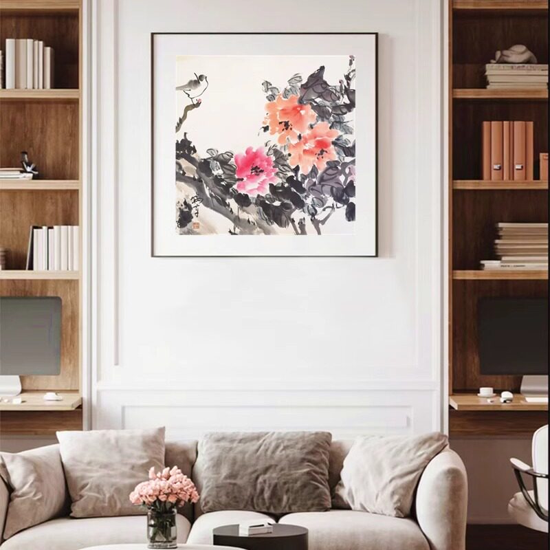 书画真迹鸟戏牡丹宣纸画芯