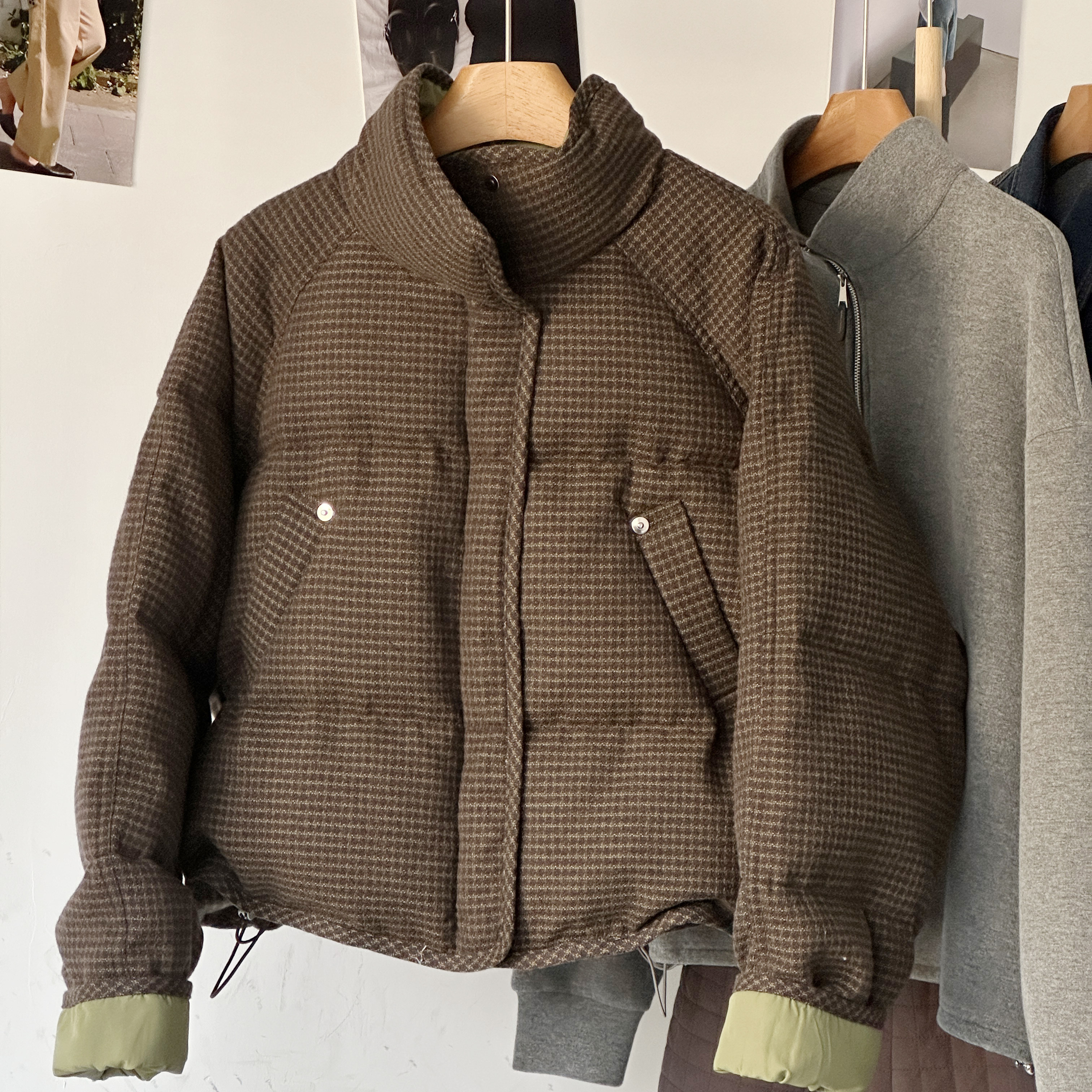 【时尚撞色羊毛羽绒服】欧货洋气立领卷边长袖格纹保暖小个子外套