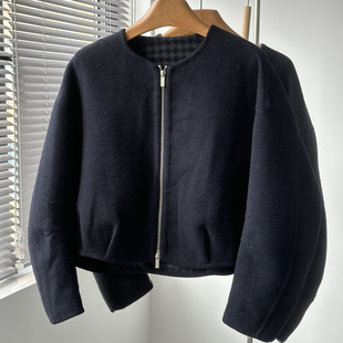 欧货双头拉链设计感双面羊毛呢短款外套女娃娃领小个子羊绒上衣冬