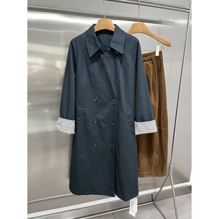 左村秋季新款森女复古英伦风翻领中长款过膝风衣格子长袖外套大衣