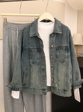 自留~做旧磨破复古蓝色牛仔外套女宽松慵懒上衣春季新款ins上衣潮