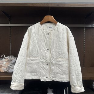 欧货高级感淑女2026秋冬圆领按扣绗缝棉服女宽松保暖短款外套上衣