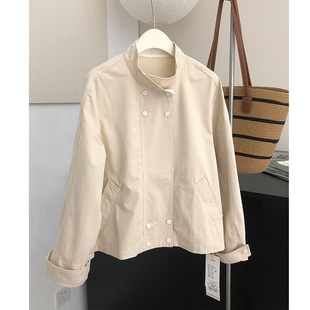 左村2025春季新款韩版气质立领休闲短风衣外套女双排按扣夹克上衣