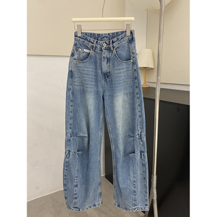 做旧褶皱牛仔弯刀裤 欧货女装 新款 女装 设计感复古水洗宽松2025春季