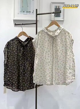 2024夏季新品休闲森女系碎花棉麻女装麻味衬衣领无袖薄款后扣衬衫