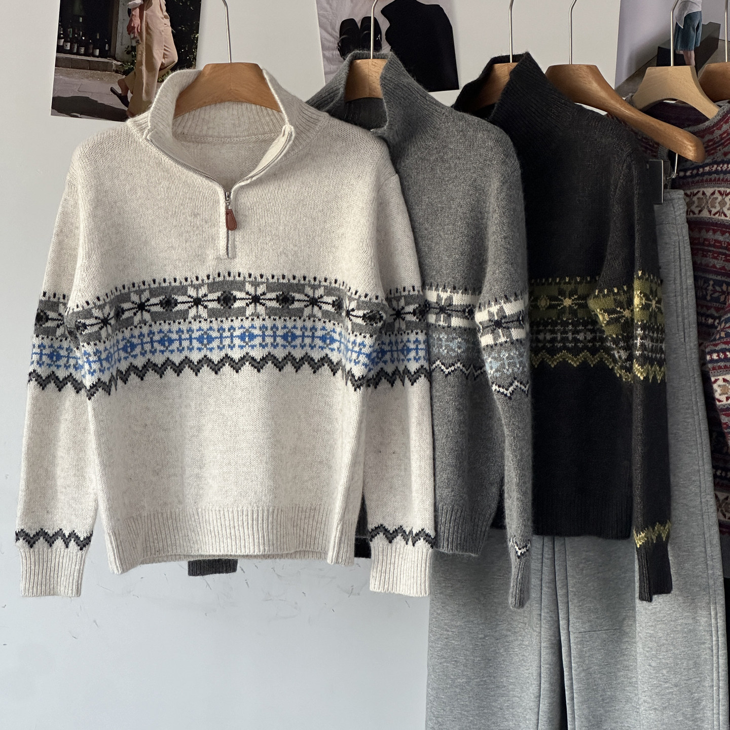 费尔岛提花【半拉链蜜熊绒毛衣】韩版立领套头软糯针织衫上衣女潮