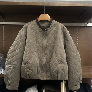新款菱格绗缝棒球领短款棉服女秋冬宽松休闲保暖外套上衣