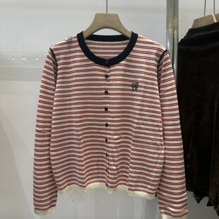 秋冬条纹针织开衫女软糯毛衣外套小人刺绣潮流新款女装上衣潮女潮