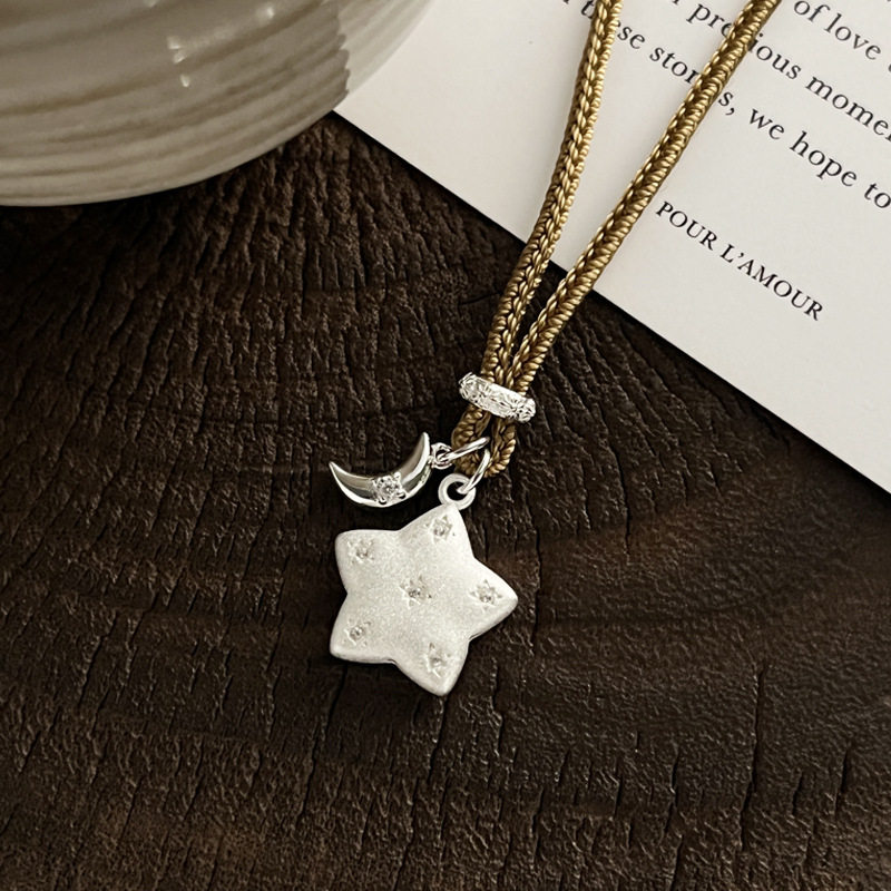 925通体纯银磨砂星星月亮镶钻项链女手工编织长短自由调节毛衣链,饰品/流行首饰/时尚饰品新,银饰项链,淘宝优惠券,粉丝福利购,淘宝优惠卷