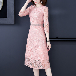 RM23158#优雅气质蕾丝连衣裙时尚中长款修身大摆裙