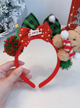 圣诞节红色鹿角发箍女儿童发卡配饰卡通小熊兔耳头饰头箍厂家直销