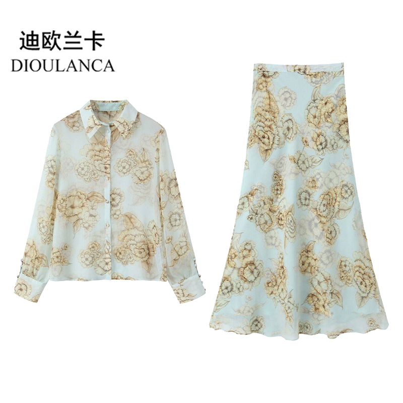 DIOULANCA 欧美风外贸女装花朵印花衬衫迷笛裙女 7969226 4387249