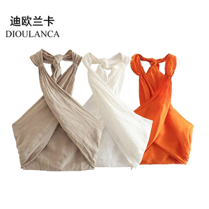 DIOULANCA 欧美风外贸女装新款时尚挂脖领亚麻裹胸上衣女 4043249