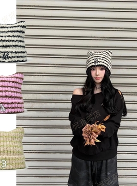 Ni妮韩国直邮25新款柳智敏针织帽条纹猫耳猫3ABNB1656