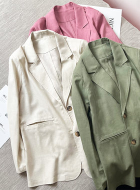 大码亮色复古亚麻防晒轻薄外套女夏新款胖mm减龄休闲宽松西服上衣