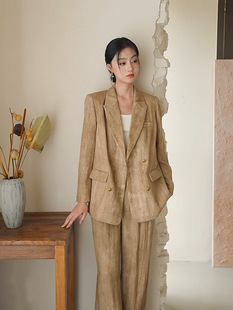 大码女装春夏新款亚麻休闲套装胖mm宽松高级感显瘦西服阔腿裤两件