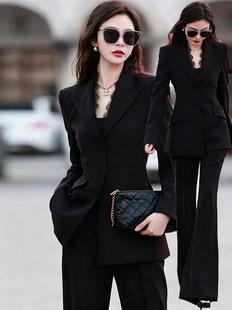 网红时尚大码春秋新款西装套装女200斤胖mm高级蕾丝设计职业套装