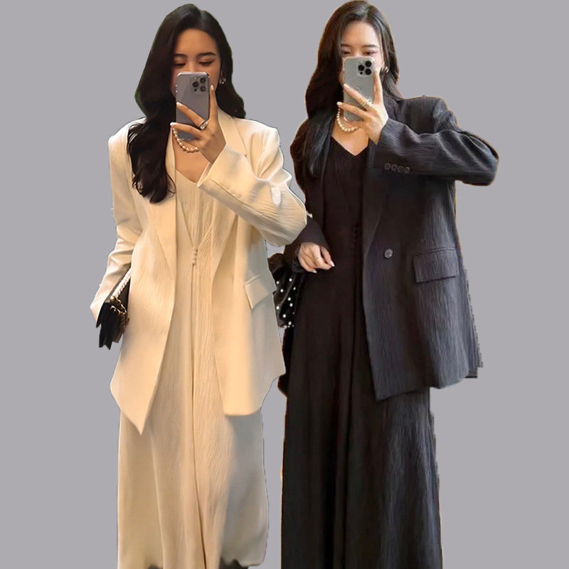 大码女装法式套装胖mm设计感吊带长裙西装外套春秋显瘦两件200斤