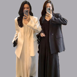 大码女装法式套装胖mm设计感吊带长裙西装外套春秋显瘦两件200斤