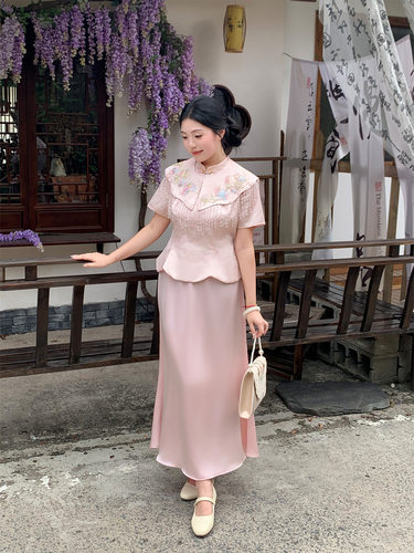 胖mm新中式天丝提花连衣裙女夏新款气质国风旗袍大码时尚套装礼服