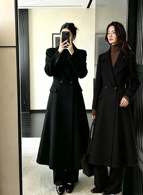 秋冬新款大码赫本风裙式毛呢外套女胖mm收腰长款西装领呢子大衣厚