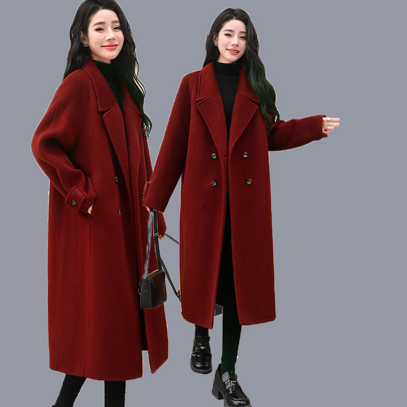 大码新款宽松西装毛呢大衣胖MM长款秋冬新年红色呢子外套女显瘦厚