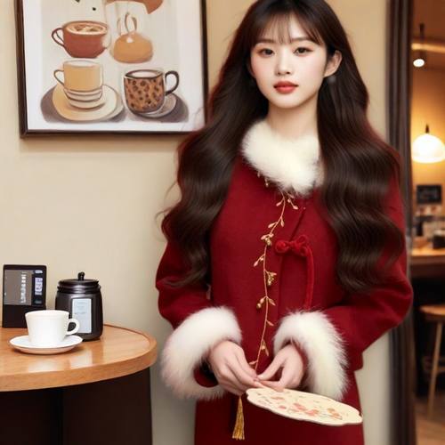 胖mm国风新中式女冬新名媛外套半身裙大码结婚红色羽绒套装礼服厚