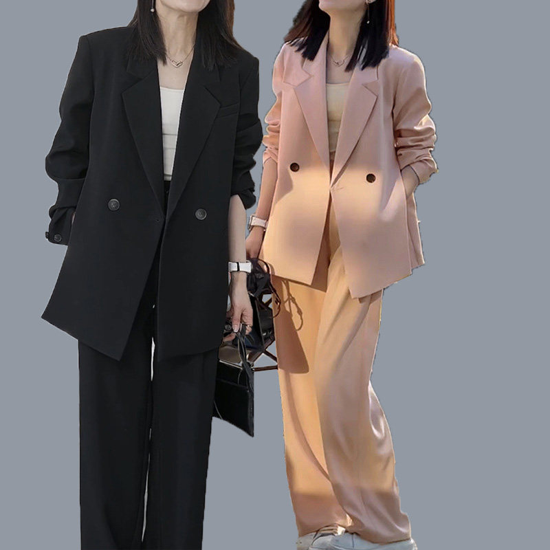 春秋新款时尚西装外套女大码休闲遮肉阔腿裤两件套装胖MM宽松职业