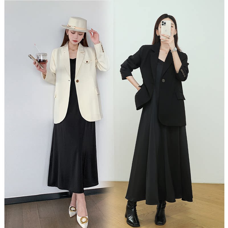 春秋新款大码西装外套女时尚气质胖mm藏肉休闲职业吊带长裙子套装