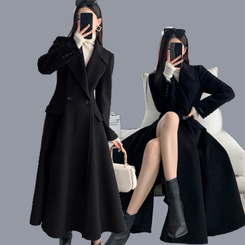 秋冬大码赫本风毛呢外套女胖mm收腰显瘦气质过膝裙式长呢子大衣潮