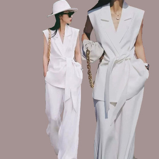 大码女装薄款时尚马甲无袖西装套装夏季胖mm宽松阔腿裤两件200斤