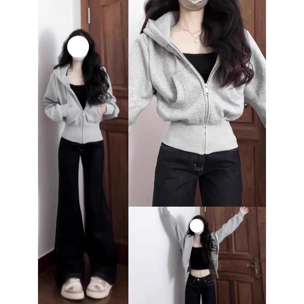 灰色短款连帽卫衣女加绒加厚春秋季内搭修身收腰正肩上衣拉链外套