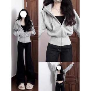 收腰正肩上衣拉链外套 内搭修身 灰色短款 连帽卫衣女加绒加厚春秋季