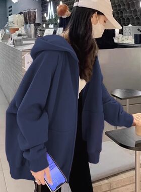 藏蓝色卫衣宽松加绒加厚拉链开衫连帽外套女秋冬大码显瘦休闲上衣