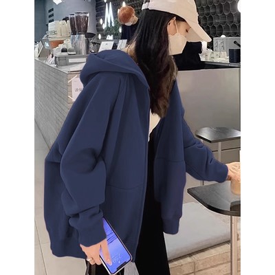 藏蓝色卫衣宽松加绒加厚拉链开衫连帽外套女秋冬大码显瘦休闲上衣