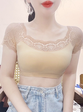 吊带裙内搭女短袖带胸垫蕾丝拼接一字领半截衫裹胸短款美背上衣夏