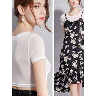 百搭内搭t恤罩衫 黑色半身短款 薄纱衣夏女 蕾丝短袖 半截网纱打底衫