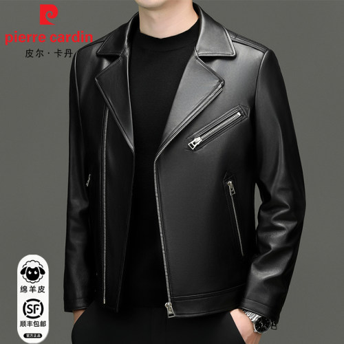 PierreCardin皮尔卡丹2026年真皮皮衣翻领男外套绵羊皮机皮衣男款