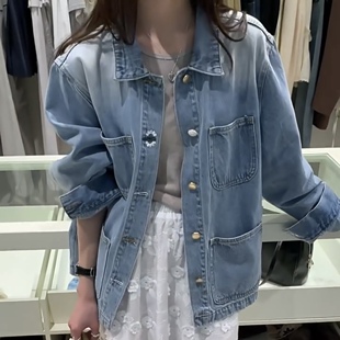 特价Semicolons～2025春款水洗刺绣花扣宽松牛仔外套+花瓣半身裙