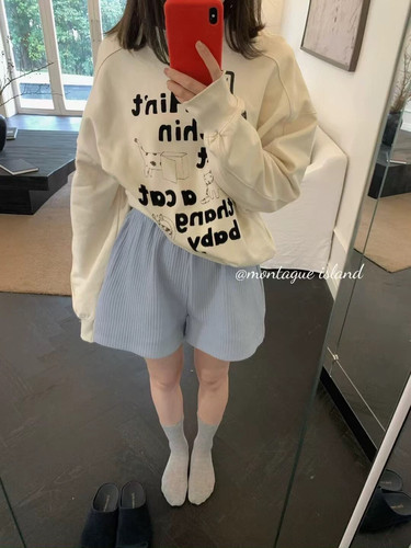 Montague现货特价～韩系2025新款松紧腰休闲百搭纹理感直筒短裤女