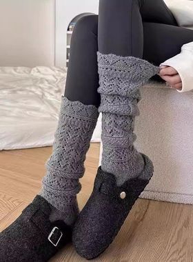 MuMu Socks灰色花边袜子女小腿堆堆袜配鲨鱼裤保暖针织镂空长筒袜