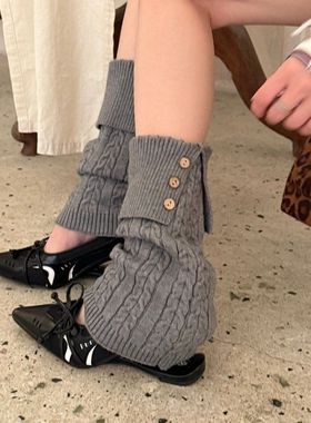 May3socks 复古麻花针织袜套纽扣翻边小腿袜保暖辣妹显瘦小堆堆套
