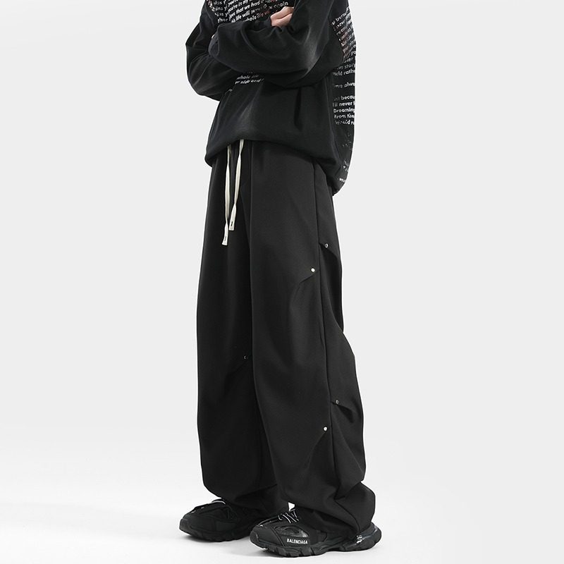 美式冲锋裤子男生秋冬款潮牌吵了宽松直筒休闲裤坠感阔腿拖地长裤