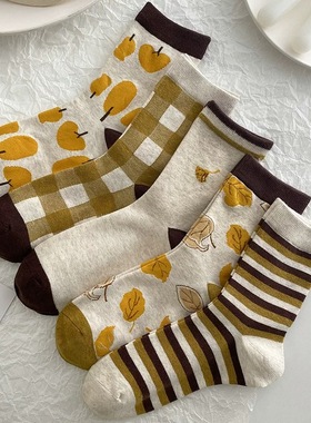 复古袜子女日系网红条纹格子中筒袜ins潮春秋季女士纯棉长袜