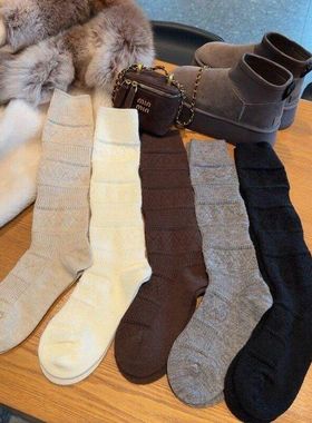 菱格堆堆袜子女秋冬季新款纯色系竖纹小腿袜日系学院风百搭中筒袜
